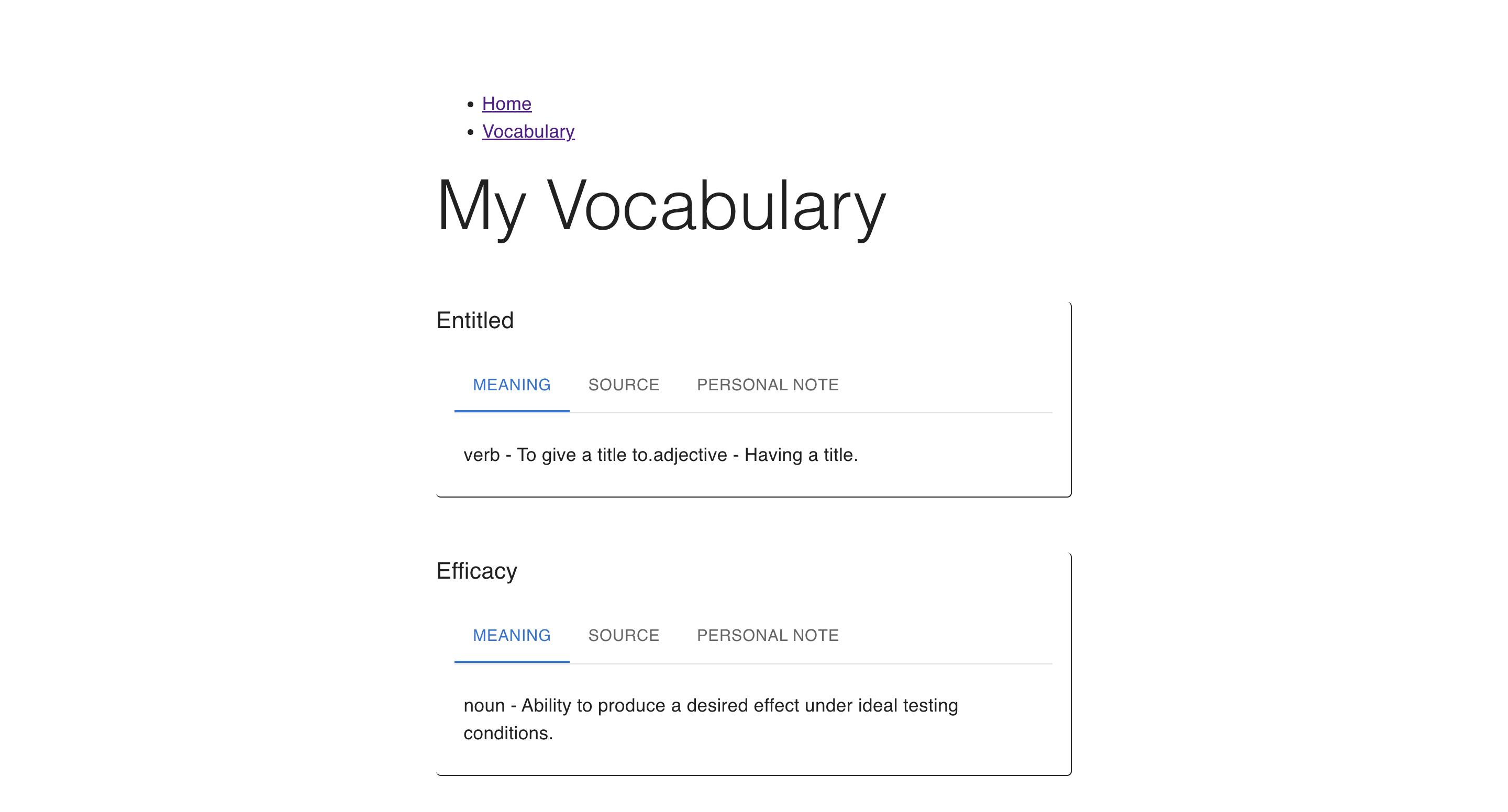 Vocabulary page